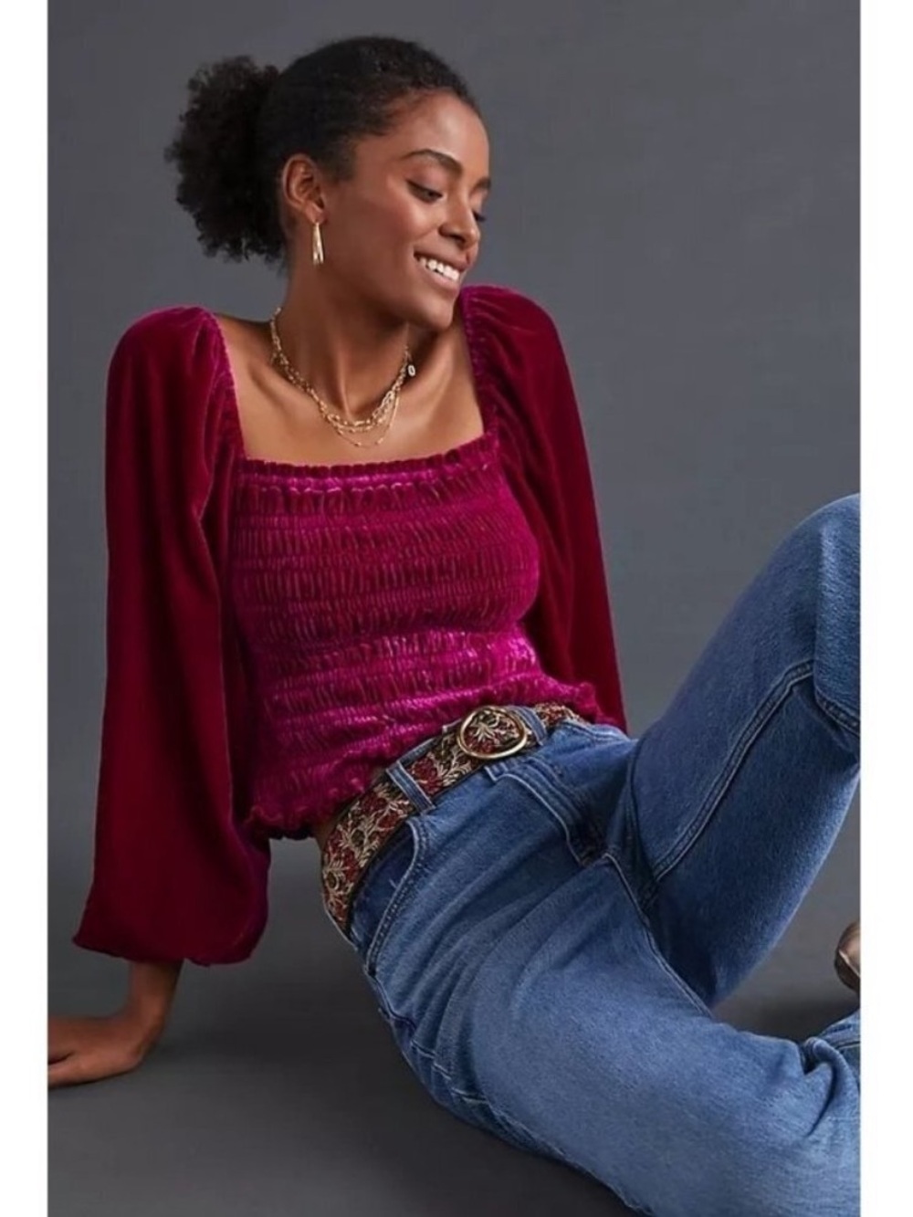 Anthropologie smocked puff sleeve velvet blouse